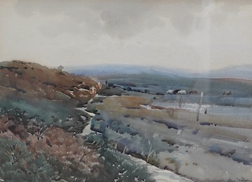 Arthur Royce Bradbury (1892-1977), watercolour, Moorland landscape with cattle, signed, 25 x 34cm. Condition - fair